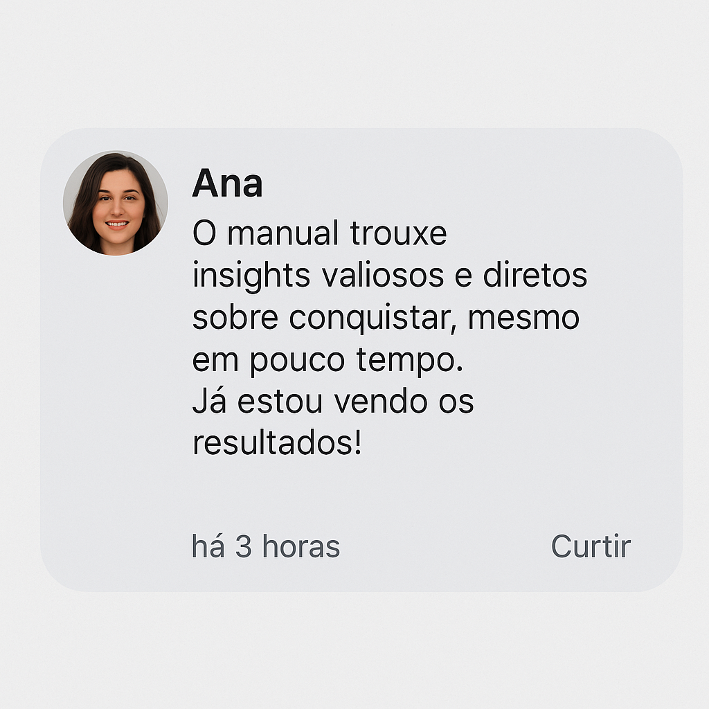 Depoimento de Ana: O manual trouxe insights valiosos e diretos sobre conquistar, mesmo em pouco tempo. Já estou vendo os resultados!